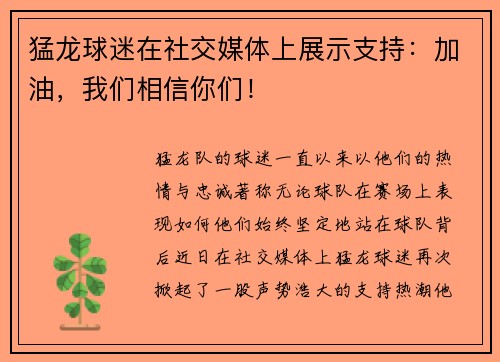 猛龙球迷在社交媒体上展示支持：加油，我们相信你们！