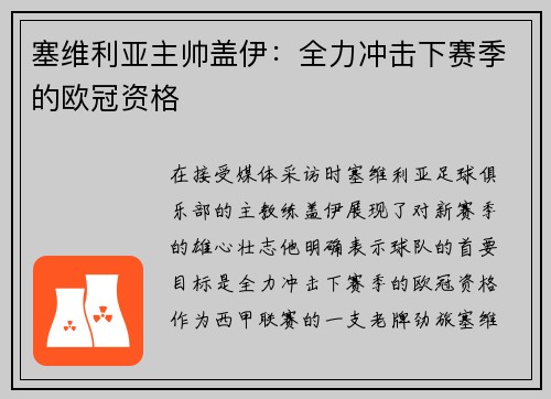 塞维利亚主帅盖伊：全力冲击下赛季的欧冠资格