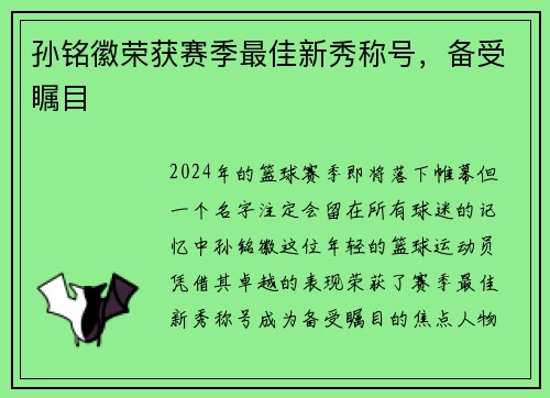 孙铭徽荣获赛季最佳新秀称号，备受瞩目